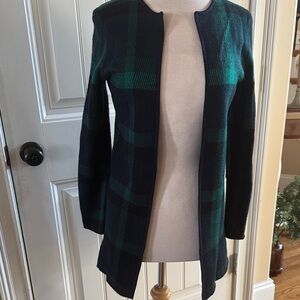 Talbots Black, Navy and Green Plaid Open-Front Long pure Marino wool cardigan